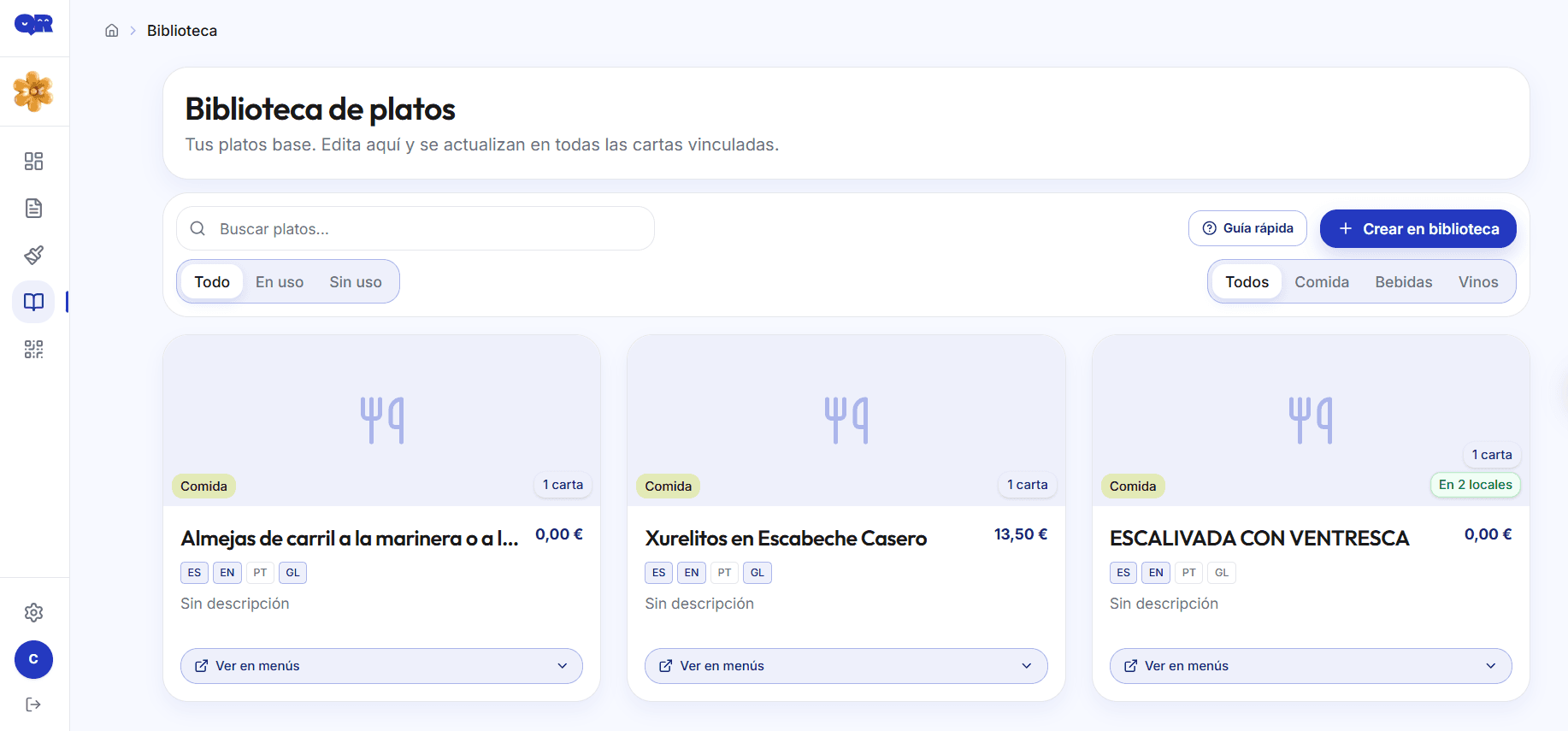 Panel de biblioteca de platos en Qrusty mostrando platos reutilizables con precio, descripción y alérgenos