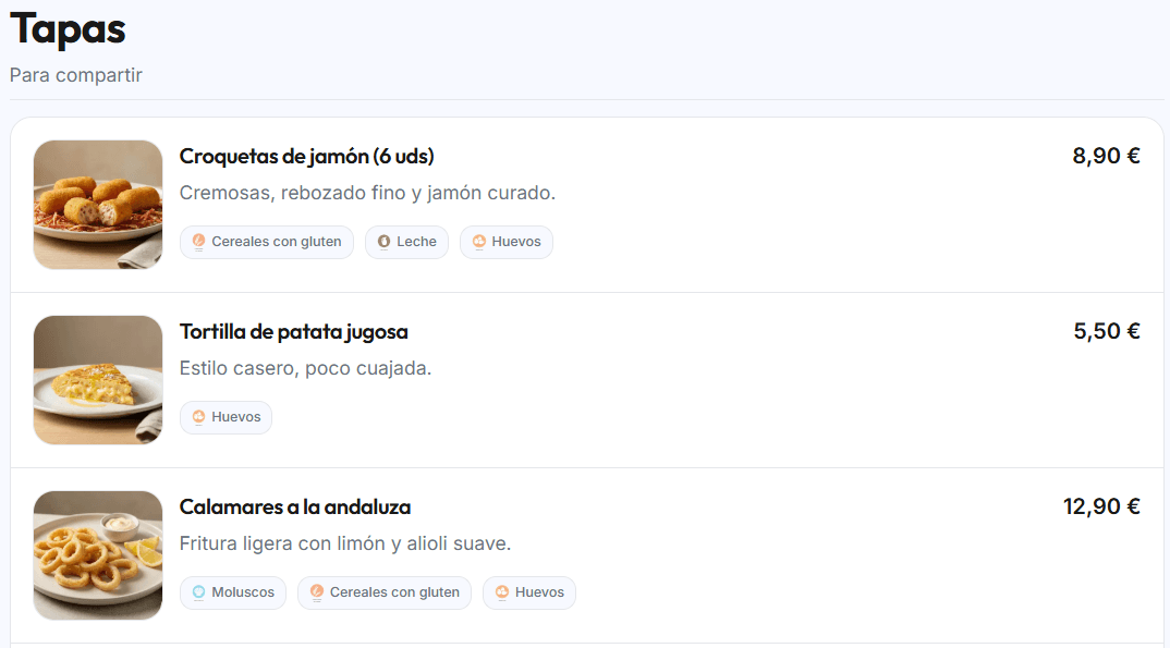 Carta digital pública mostrando los alérgenos de cada plato con iconos
