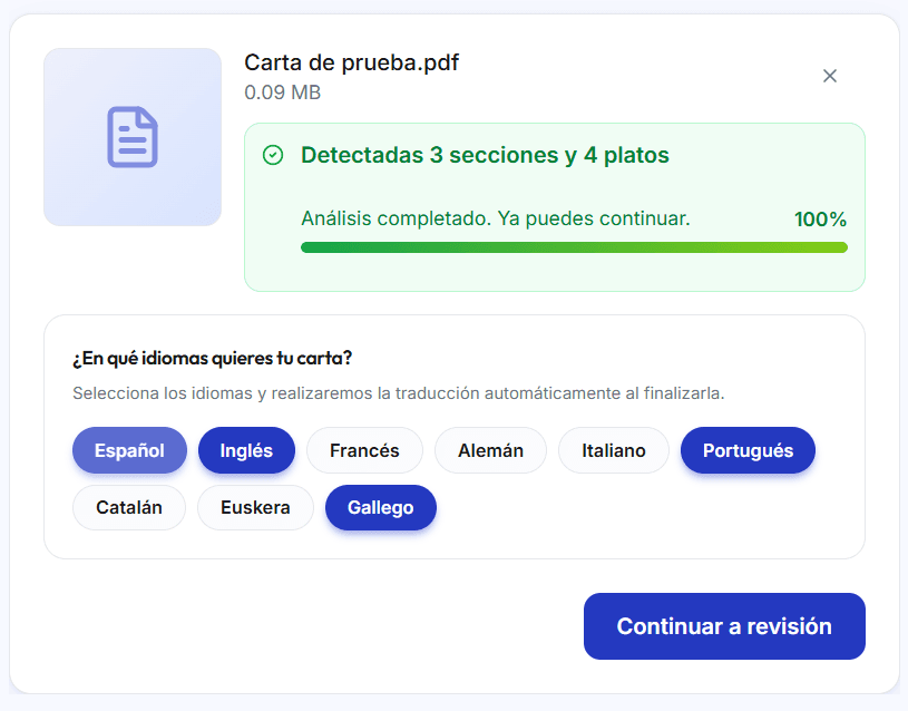Pantalla mostrando secciones y platos detectados por la IA con selector de idioma
