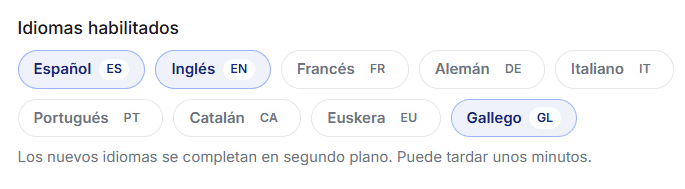 Panel de configuración de idiomas en Qrusty mostrando los 9 idiomas disponibles para activar