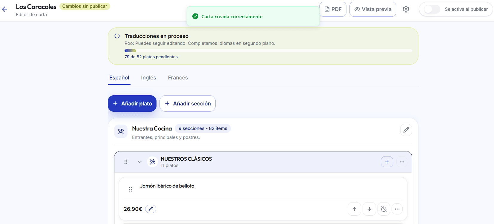 Pantalla de traducción automática durante la importación de carta mostrando idiomas generados
