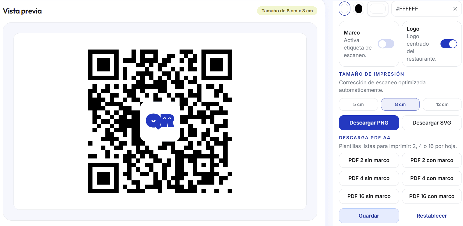 Panel de generación de QR en Qrusty con opciones de color, logo, marco y descarga