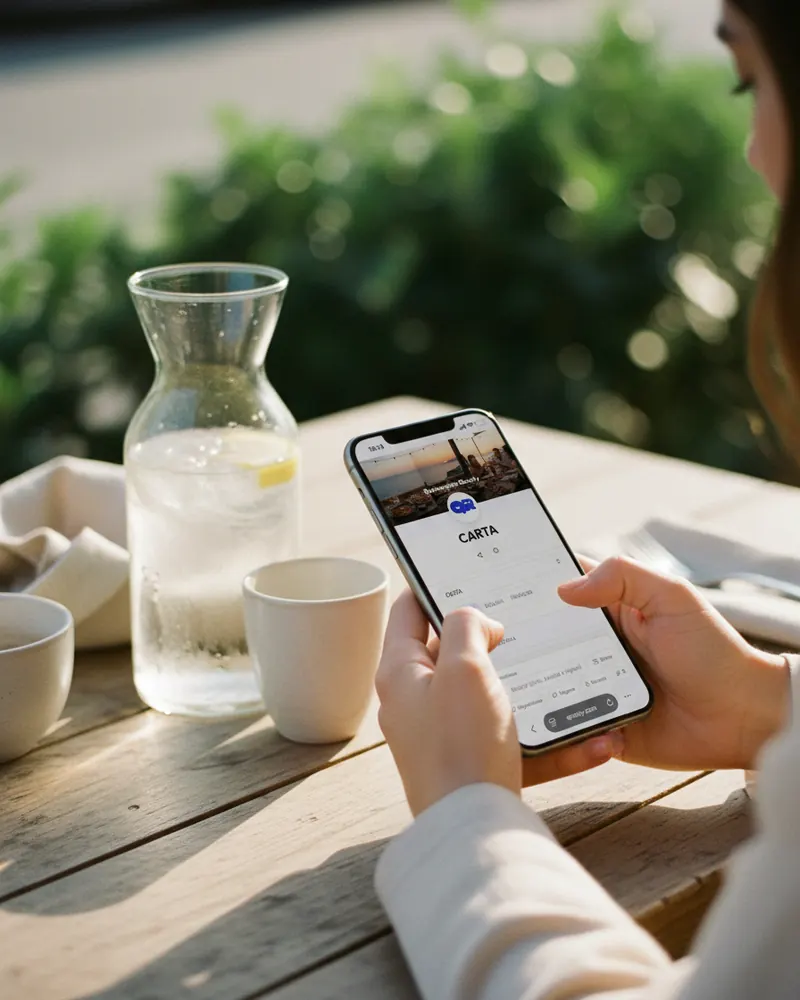 Cliente consultando la carta digital con QR de un restaurante en una terraza de Barcelona