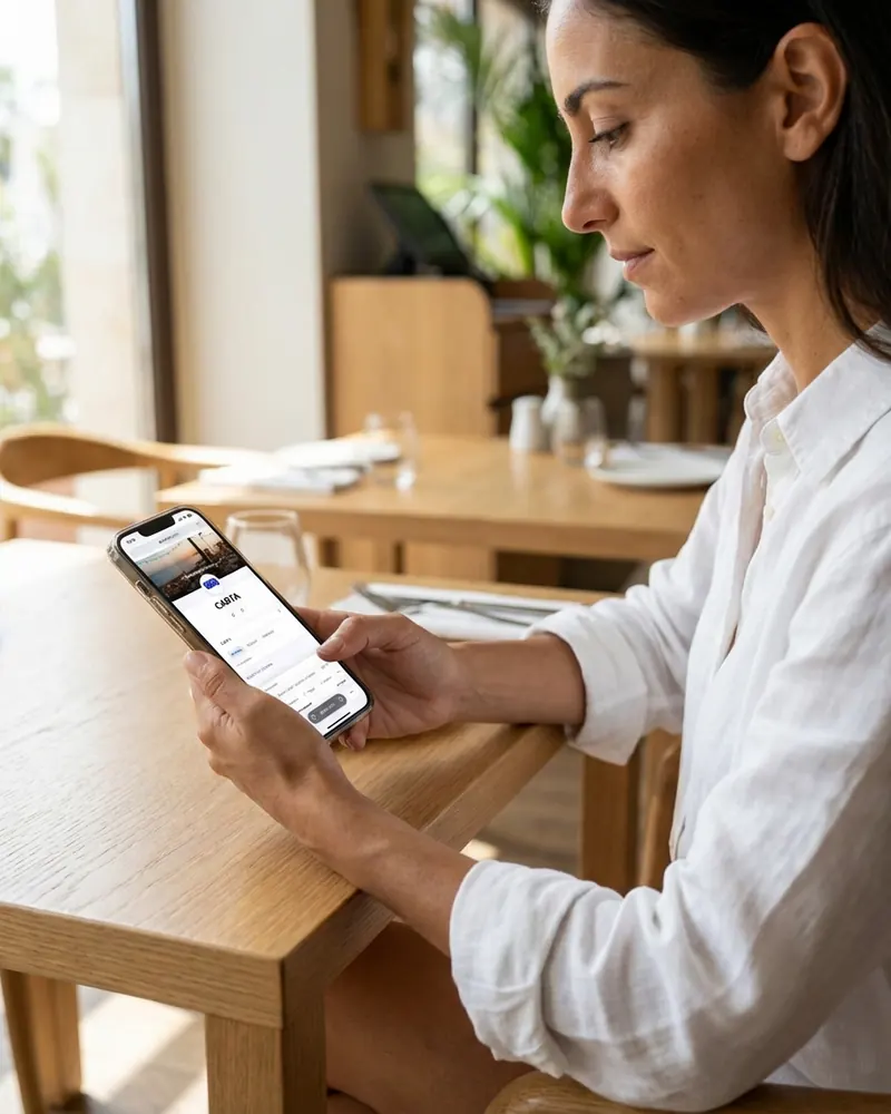 Foodie internacional consultando la carta digital en euskera o inglés de un restaurante en Bilbao