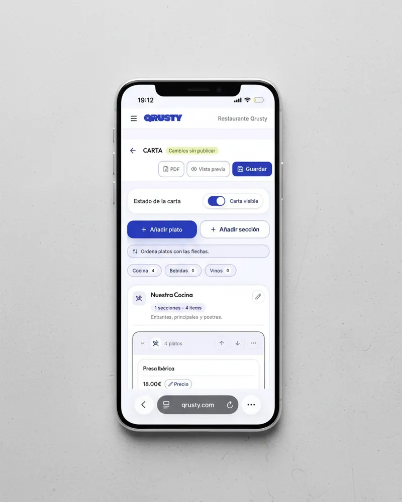 Dashboard de carta digital en smartphone para un restaurante en la Costa del Sol