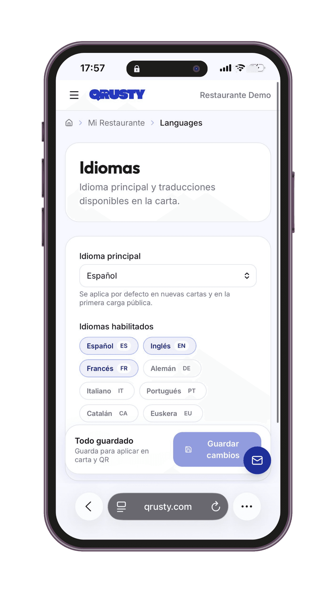 Configuración de idiomas de la carta