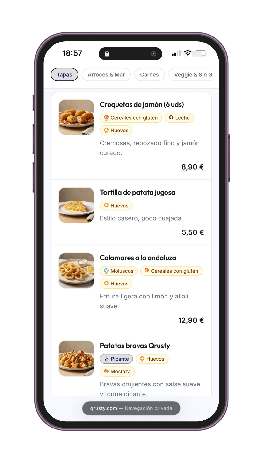 Vista de platos en la carta digital del restaurante