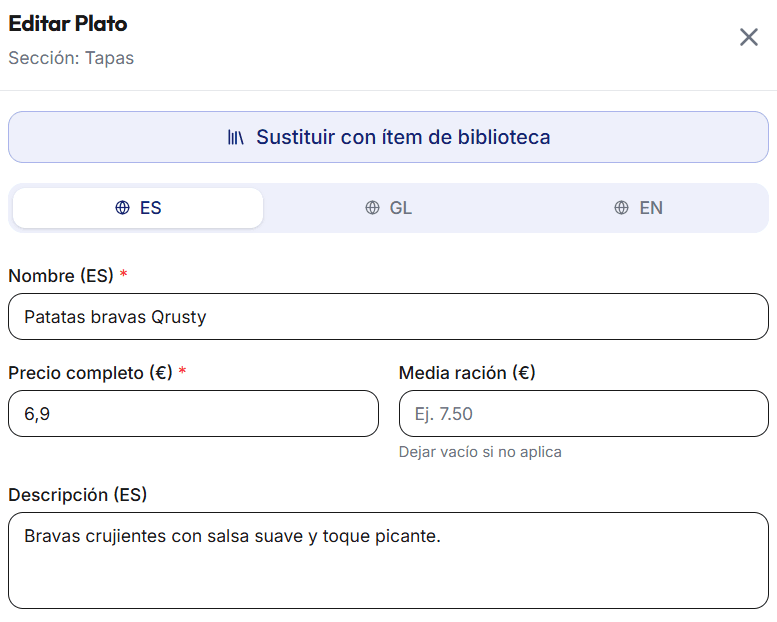 Plato de la carta pública mostrado en español con nombre, descripción y precio