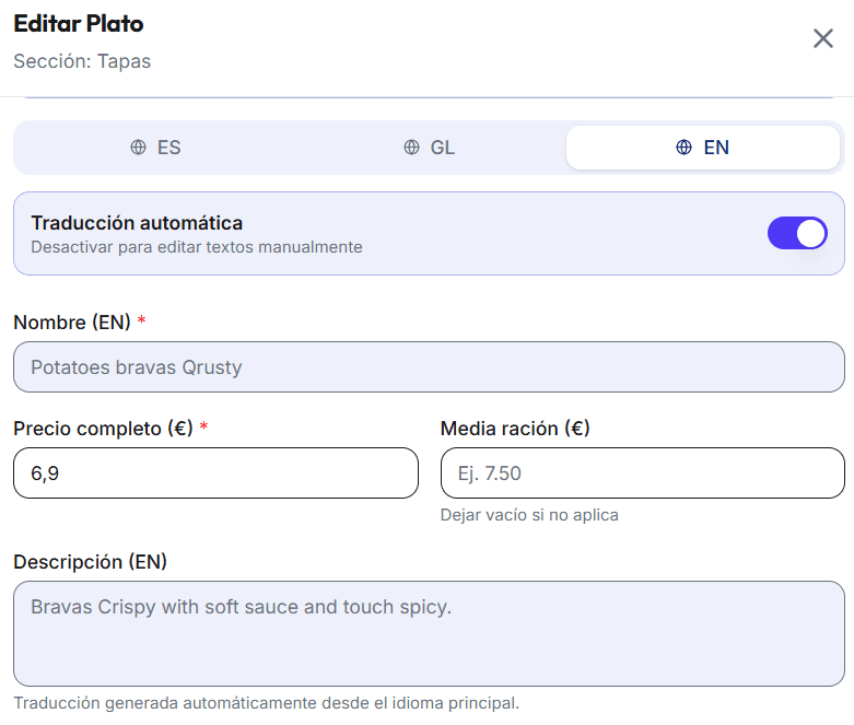 Mismo plato traducido al inglés con nombre, descripción y precio